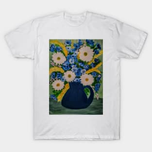 A still life painting of mixed flowers in a blue jug vase T-Shirt